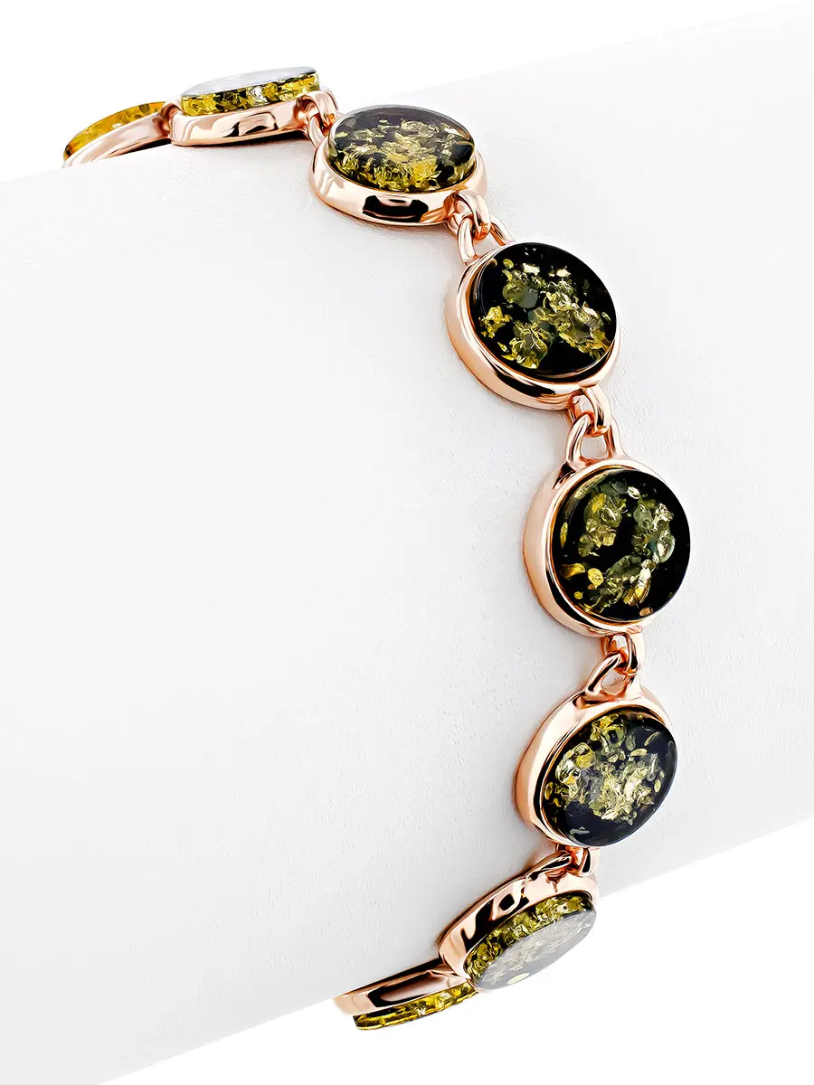 Стильный браслет из золоченого серебра и натурального янтаря зелёного цвета Фурор - Амберхолл фото 3