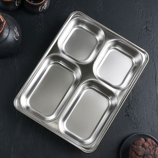 Поднос глубокий из нержавеющей стали, 4 секции, 28×22×4.5 см, 420 мл/280 мл