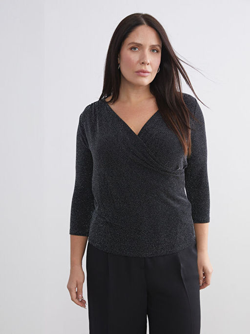 Kruvaze Yaka Parlak G?r?n?ml? Bluz