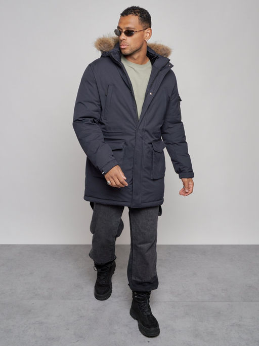 Парка мужская зимняя удлиненная с мехом темно-синего цвета 8318TS - Wonderrman фото 10