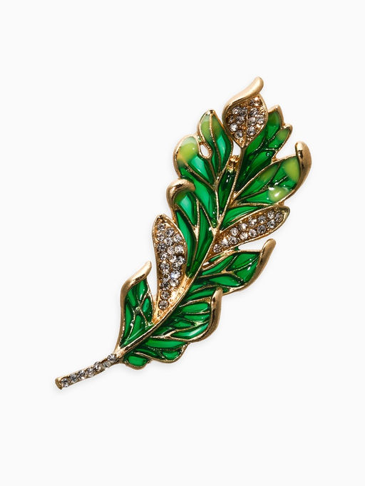 Брошь «Перо» прозрачное, зелёный, белый в золоте