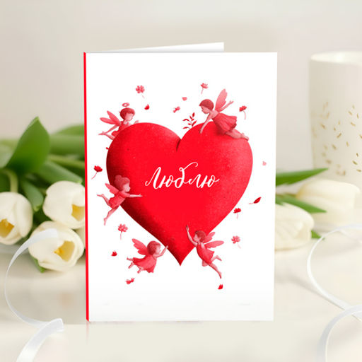 Открытка 4 шоколадки "Люблю (большое сердце с ангелами)"