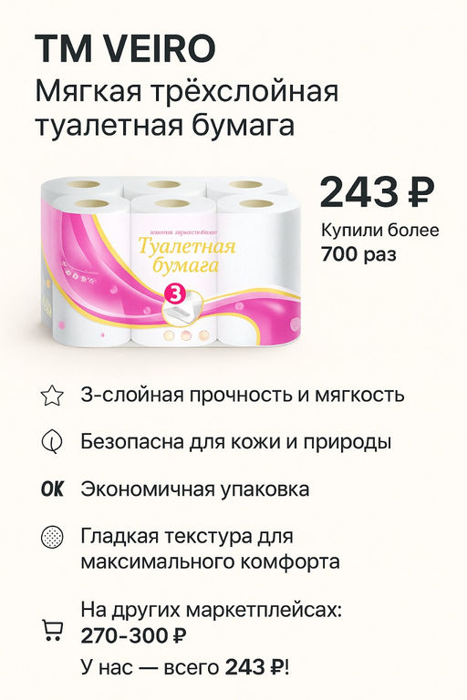 VEIRO т/бумага 3-сл. NoName (12 рул.) Белая