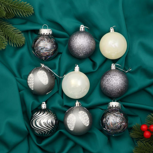 Ёлочные игрушки Мелодия волны диско, шары новогодние, d=6 см, набор 9 шт. серый/белый - Зимнее волшебство фото 3