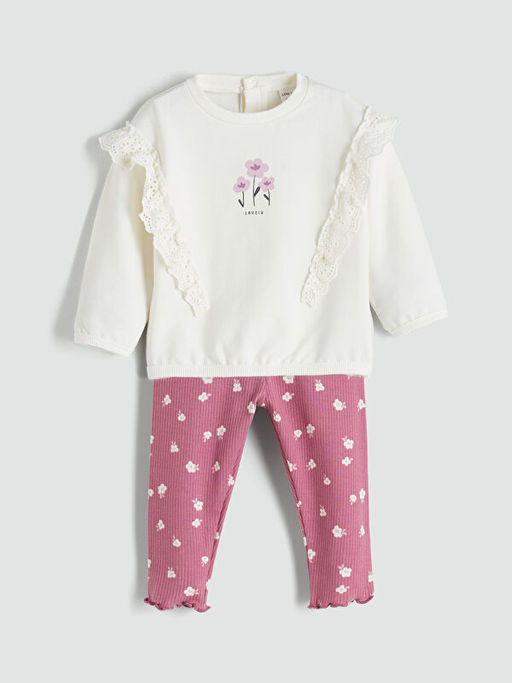 Bisiklet Yaka ?i?ekli K?z Bebek Sweatshirt ve Tayt 2li