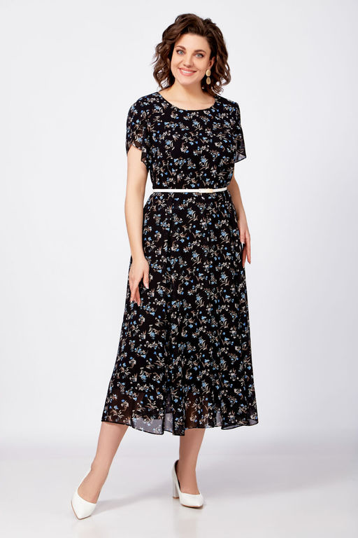 Платье Swallow 814 черный+бежево-голубые цветы