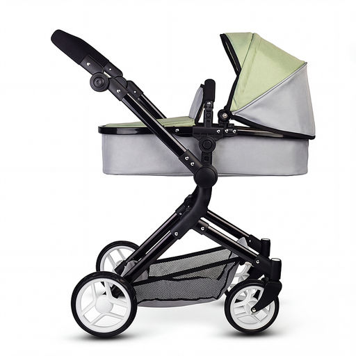 Коляская кукольная металлическая, прогулочная, с корзиной, серо-зеленая