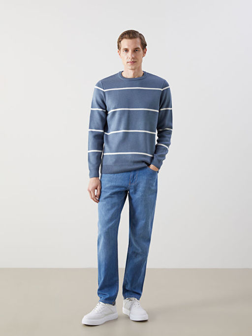 Bisiklet Yaka Uzun Kollu ?izgili Erkek Triko Kazak