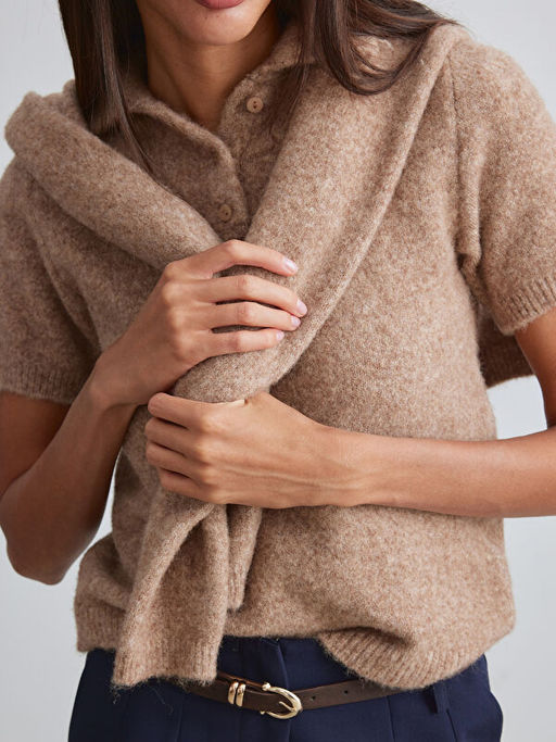 Polo Yaka Y?n Kar???ml? Kad?n Triko Kazak