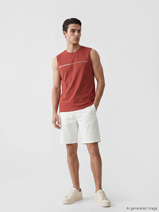 Bisiklet Yaka Bask?l? Erkek Kolsuz Ti??rt