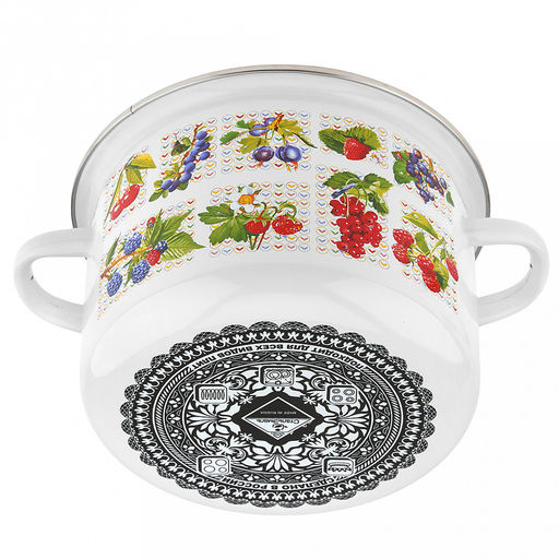 "Вкус лета" Кастрюля эмалированная 3л, д20см, h12,5см, цилиндрическая форма, металлическая крышка с пластмассовой ручкой-кнопкой, ободок из нержавеющей стали, белый (Россия)