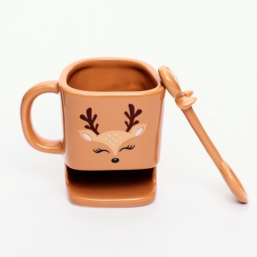 Кружка керамическая новогодняя Олененок, 200 мл, с ложкой