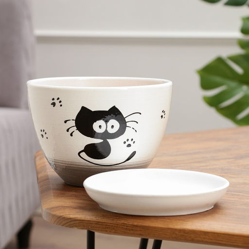 Горшок для цветов «Кот», 1.65 л, d=17 см, h=13 см, керамика, с поддоном, белый