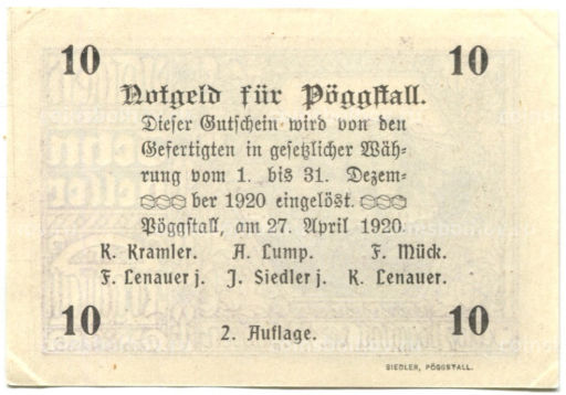 Банкнота 10 геллеров 1920 года Австрия Пёггшталь (нотгельд)