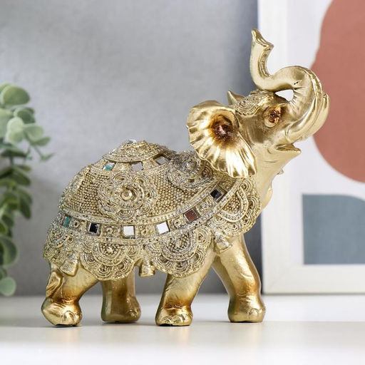 Фигурка полистоун «Золотой слон с попоной из бисера с колокольчиками», 15×14.5×7.7 см, МИКС