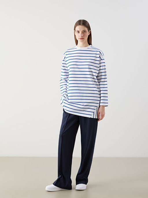 Bisiklet Yaka ?izgili Kad?n Sweatshirt Tunik