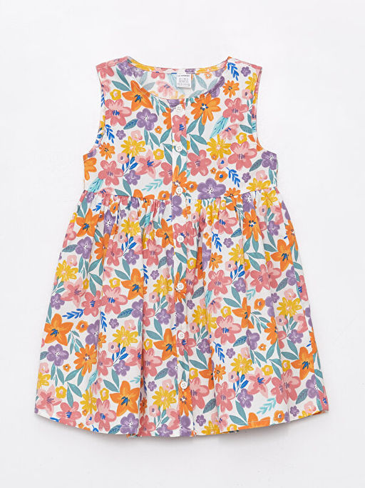 Bisiklet Yaka ?i?ekli Poplin K?z Bebek Elbise