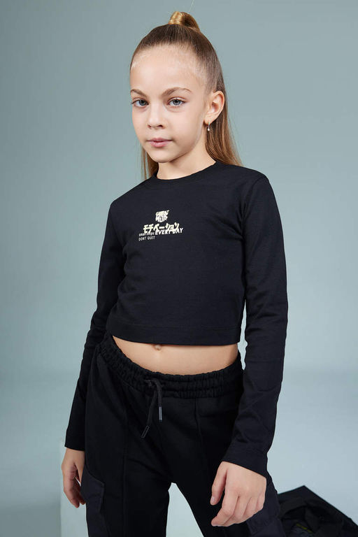 Футболка с длинным рукавом и принтом для девочек с круглым вырезом