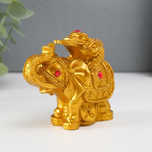 Нэцкэ фигурка «Слон с денежной жабой на спине», полистоун, под бронзу, 7.5×9.3×5.2 см