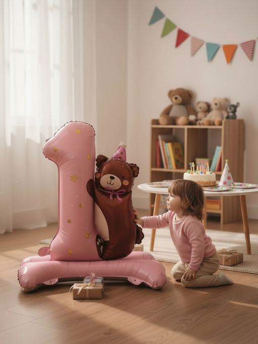 Цена за 2 шт. Воздушный шар фольгированный 32" "Цифра 1 с мишкой"  цвет розовый, под воздух