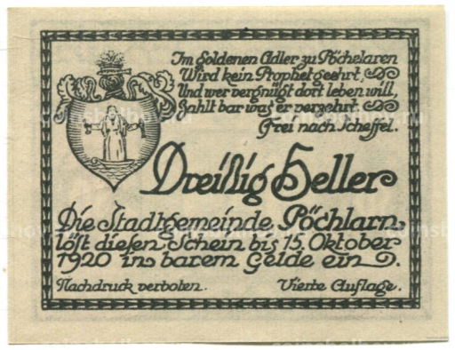 Банкнота 30 геллеров 1920 года Австрия Пёхларн (нотгельд)