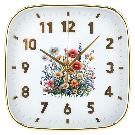 Часы настенные Летний сад 21,3х21,3х4см, мягкий ход, циферблат Цветы белый; цифры арабские, золотой; корпус пластик, золотой; в коробке (Китай)