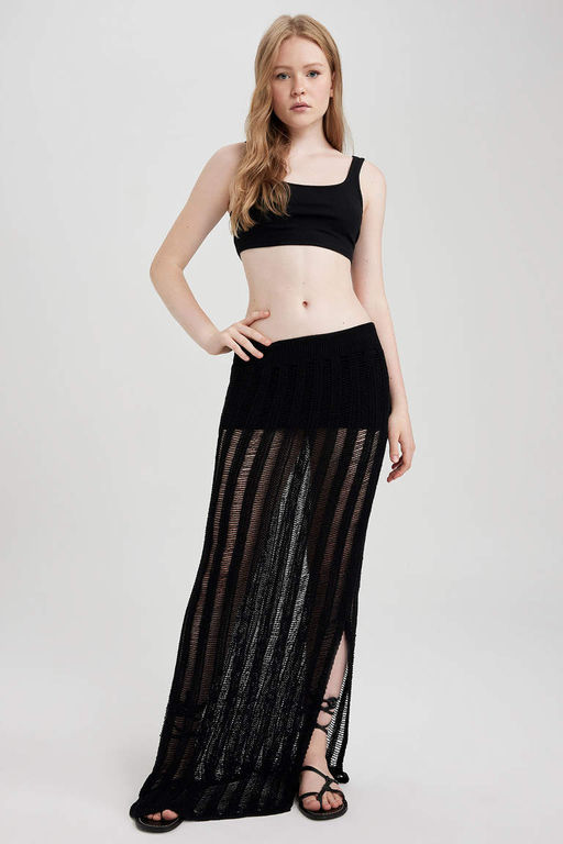 Черная длинная юбка узкого кроя с разрезом, связанным крючком - Defacto фото 2