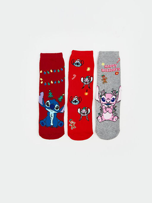 Kayd?rmaz Tabanl? Stitch Desenli K?z ?ocuk Havlu Soket ?orap 3l?