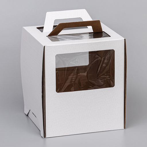 Коробка под торт 2 окна, с ручками, белая, 26×26×30 см