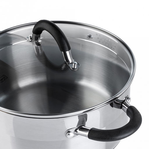 Кастрюля из нержавеющей стали "Ковентри" 4л, д22см, h11см, 0,6мм, дно s2,8мм, полировка внешняя комбинированная, внутренняя матовая, стеклянная жаропрочная крышка, обод крышки металлический, пароотвод, ручки с силиконовыми вставками, мерная шкала, цв