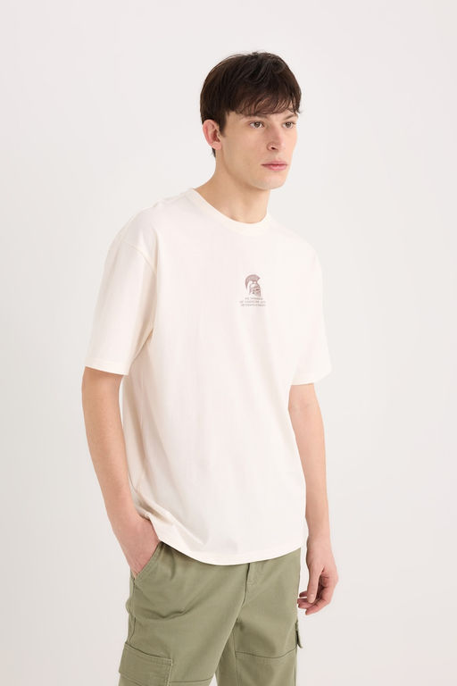 %100 Pamuk Boxy Fit Bisiklet Yaka S_rt Bask_l_ K_sa Kollu Ti__rt - Defacto фото 4
