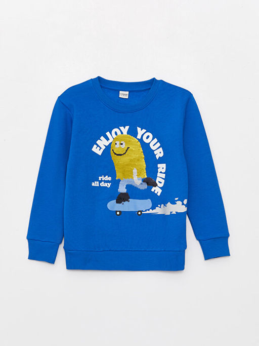 Bisiklet Yaka Bask?l? ?ift Y?nl? Payetli Uzun Kollu Erkek ?ocuk Sweatshirt - Waikiki фото 3