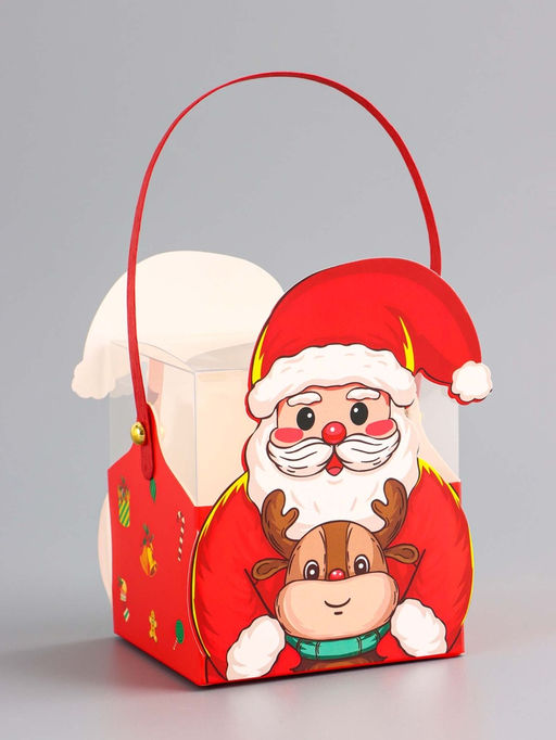Цена за 10 шт. Складная коробка PVC с ручками, подарочная новогодняя, Санта и подарки, 9?9?9.5 см