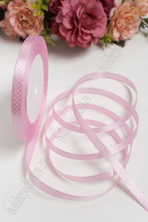 Лента атласная в горошек 0,6 см*25 ярд (10 бобин) SF-1368, розовый №094
