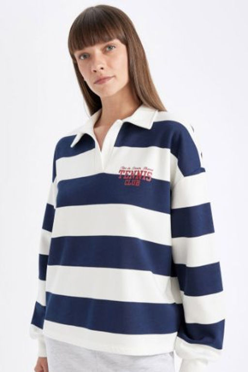 Relax Fit Polo Yaka Bask?l? Cizgili Kal?n Sweatshirt