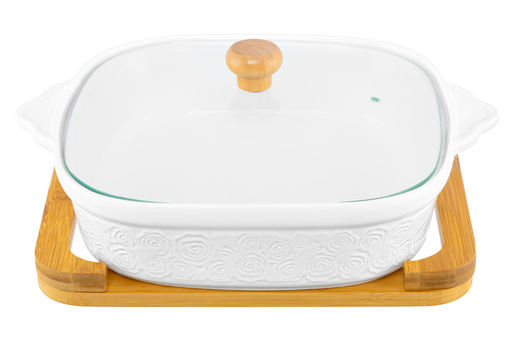 Блюдо д/зап и серв 31,5*25,6*12,5 см 2 л "Розы" + стекл крышка на дер подставке