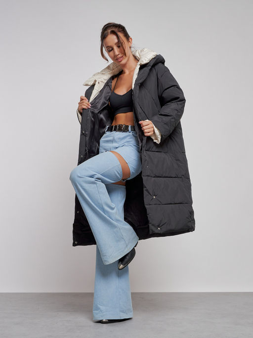 Пальто утепленное молодежное зимнее женское черного цвета 52393Ch - Mtforce фото 16