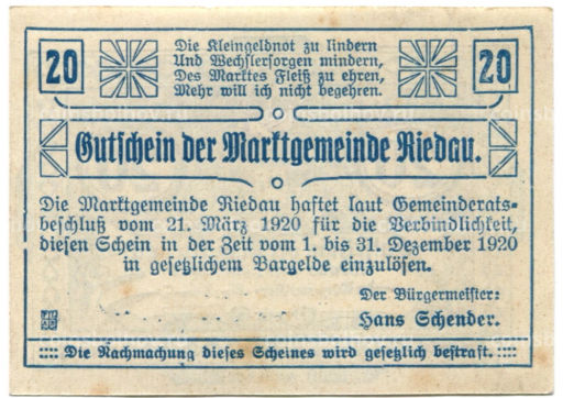 20 геллеров 1920 года Австрия Ридау (нотгельд)