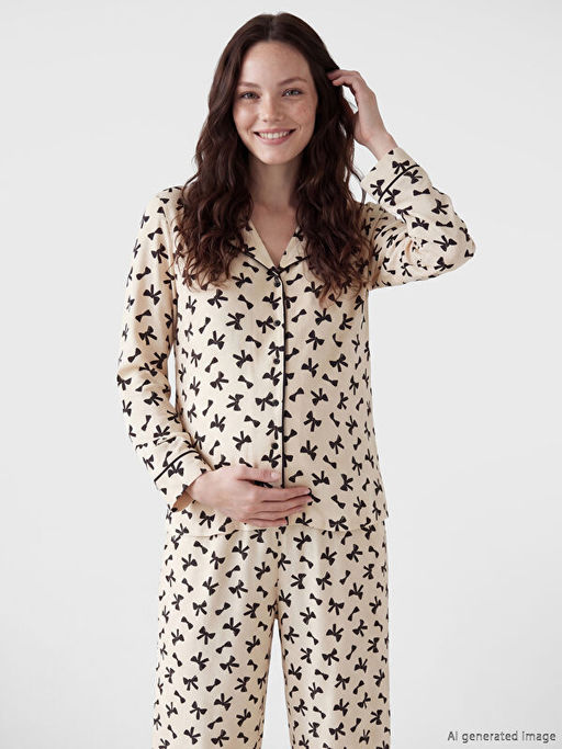 G?mlek Yaka Fiyonk Bask?l? Hamile Pijama Tak?m?