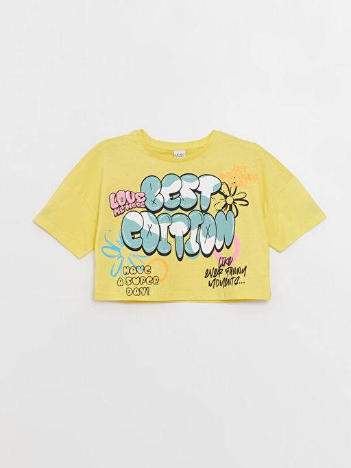 Bisiklet Yaka Bask?l? K?sa Kollu K?z ?ocuk Crop Ti??rt