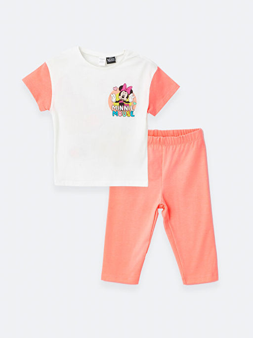 Bisiklet Yaka K?sa Kollu Minnie Mouse Bask?l? K?z Bebek T-shirt ve Tayt 2li Tak?m