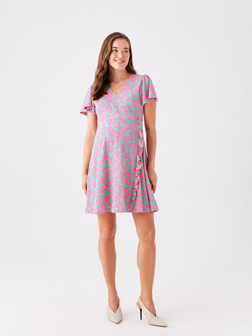 Kruvaze Yaka ?i?ekli K?sa Kollu Hamile Elbise