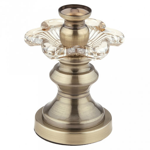 Подсвечник стеклянный "Нарцисс" h13см, д10см, чаша д3,3см, h4см, нескользящее основание д8см, металлическая ножка, бронзовый, в коробке (Китай)