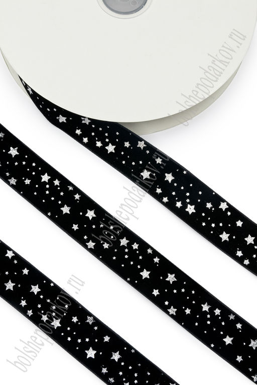 Лента бархатная 2,5 см*20 ярд "Звёздочки" с декоративным покрытием (SF-7609) черный №3