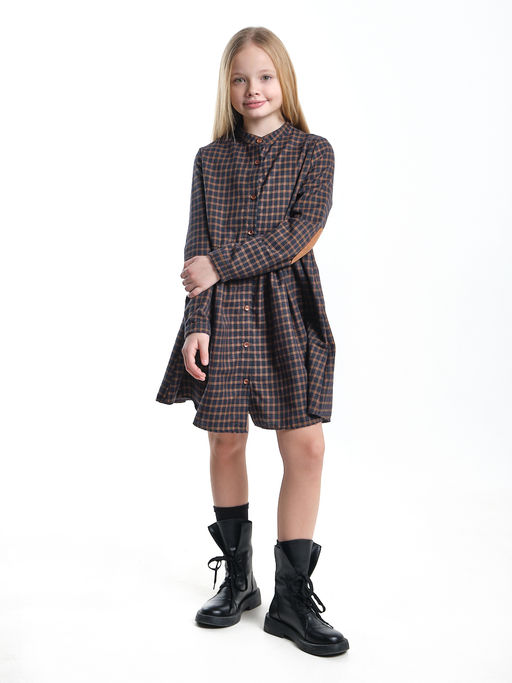 Платье для девочки в клетку с заплатками на рукавах UD 7863 син-горчица клетка - Mini maxi фото 8