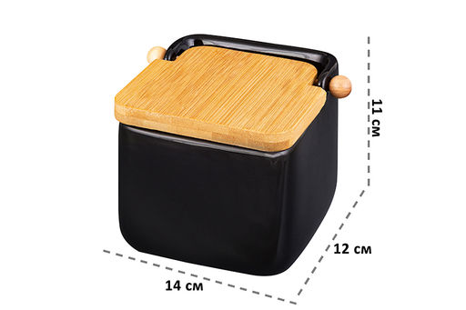 Банка для сыпучих продуктов 850 мл 14*12*11 см Черная + откидная бамбук.крышка, керамика - Elan gallery фото 2