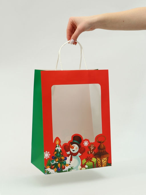 Пакет подарочный бумажный с окном «Снеговик» 26×35×16 см, крафт красный