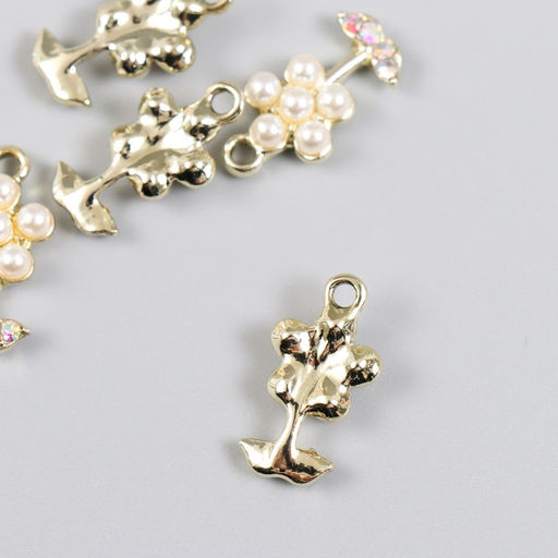 Цена за 5 шт. Декор для творчества металл, стразы Цветочек жемчужный с листиками, золото, 1.1?2 см