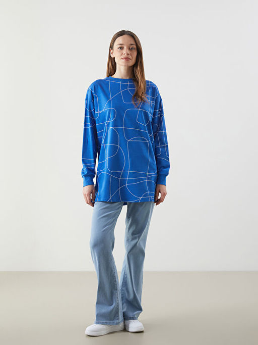 Bisiklet Yaka Desenli Oversize Kad?n Sweatshirt Tunik