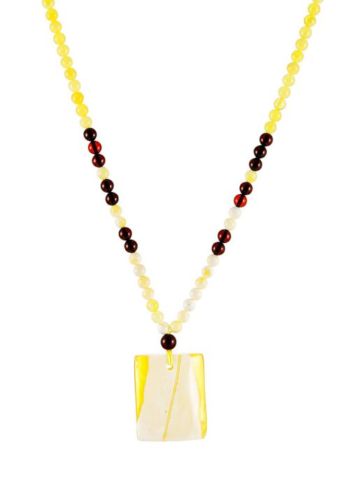 Эффектное колье с подвеской из цельного пейзажного янтаря Лаура